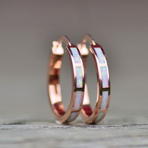 White Opal Inlay Rose Gold Hoop Earring,Lab Created Opal Endless Hoop,Rose Gold Small Hoop Earrings,Lab Created Opal,White Rainbow,Rose Hoop