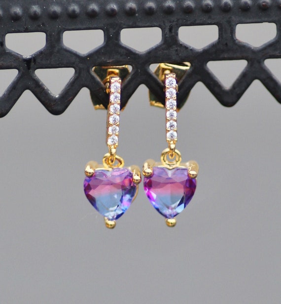 Buy LIMITED Small Bi Color CZ Heart Earrings,pink Purple
