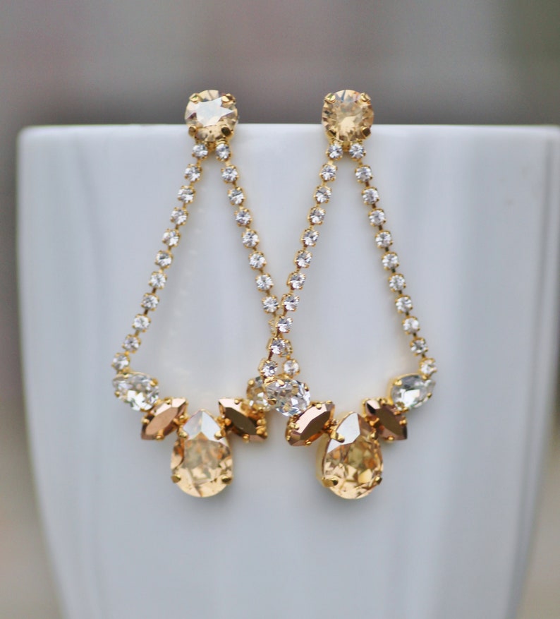NEW Crystal Champagne Gold Long Chandelier Earrings,Rhinestone Crystal Earring,Bridal Weddings Statement,Golden Shadow,Rose Gold,Dangle