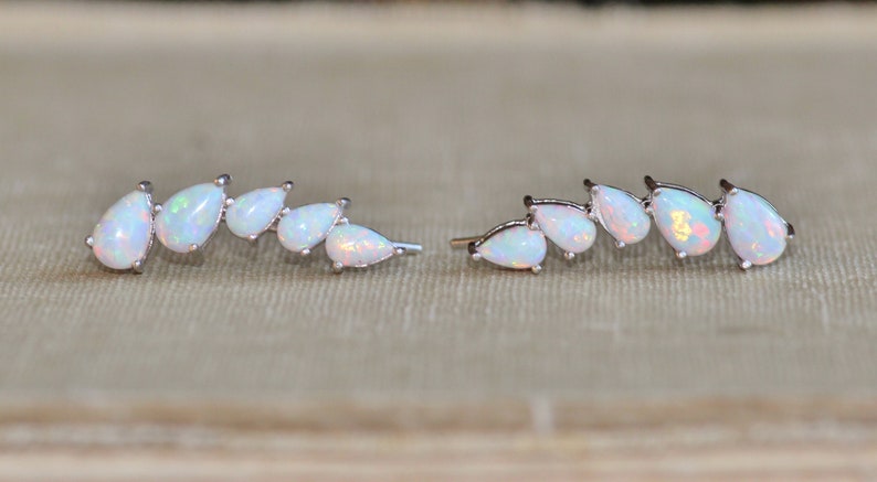 Pu&ograve; includere: Un paio di orecchini a lobo argentati, ciascuno con cinque pietre di opale iridescenti a forma di pera. Gli opali mostrano un gioco di colori, con lampi di rosa, giallo e blu. Gli orecchini sono su uno sfondo neutro.