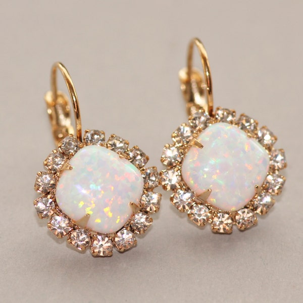 White Opal Halo Earrings,Gold Opal Halo Earring,Flashing Lab Created Opal,Bezel Crown Swarovski Earrings,Diamante,Gold Or Silver,Lever Back