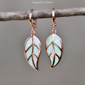 Rose Gold Opal Leaf Earrings,White Opal Inlaid Inlay Earrings,Huggie Hoop,Rose Gold Hoop,Autumn,Nature,Small Dangle Earrings,Created Opal