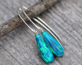 RARE Elegant Gemstone Opal Drop Earrings,Choose Color,Opal Teardrop Earring,Sterling Silver,Lab Created Opal,October Birthstone,Gift