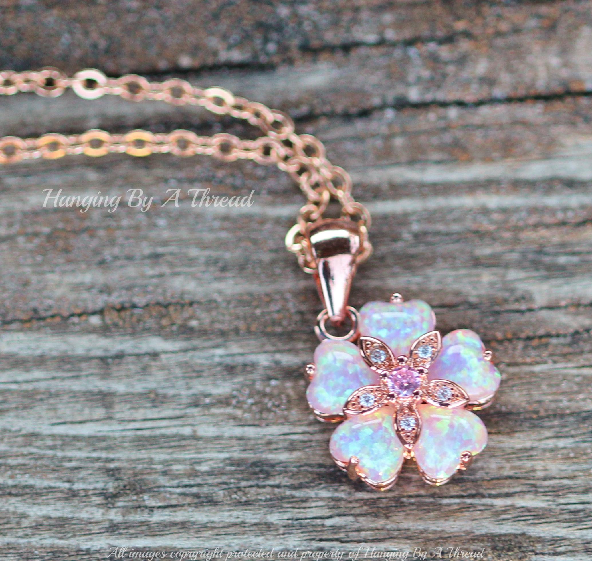 NEW Pink Opal Flower Pendant Necklace,rose Gold Pink Rainbow Lab