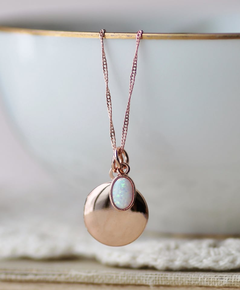 SMALL Plain Rose Gold & Opal Locket,Locket Pendant Necklace,Rose Gold Opal Necklace,Gift For Her,Mothers Day,Dainty Petite Small,Minimalist image 8