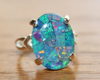 GENUINE Australian Opal Ring,Mosaic Opal Ring,Sterling Silver,Opal Jewelry,Birthstone,Gift for Her,Blue Opal,Gemstone Ring,OOAK