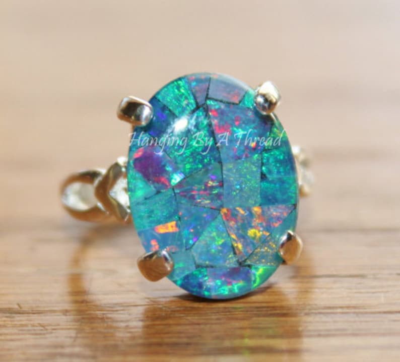 GENUINE Australian Opal Ring,Mosaic Opal Ring,Sterling Silver,Opal Jewelry,Birthstone,Gift for Her,Blue Opal,Gemstone Ring,OOAK image 1