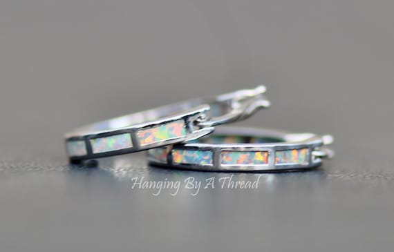 Sterling Silver White Created Opal Inlay Hoop Earrings Sterling Silver White Created Opal Inlay Hoop Earrings
