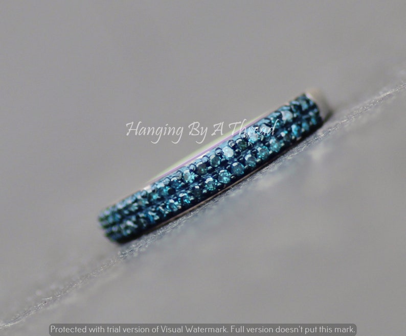 Genuine Blue Diamond Anniversary Band,Pave 2 Row Diamond Ring,Small Brilliant Cut Gemstone Ring,Stacking,April Birthstone,Gift,Silver,Bridal image 8
