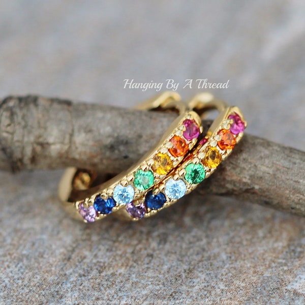 NEW Tiny Rainbow Hoop Earrings,Gold Huggie Hoops,Small Dainty Hoop Earring,LGBTQ Gay Pride,One Touch Snap Hoops,Cartilage,Gift For Her,TIny