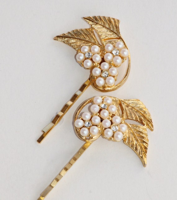 Clearance Vintage Gold Leaf Rhinestone Pearl Hair Pinslarge Etsy