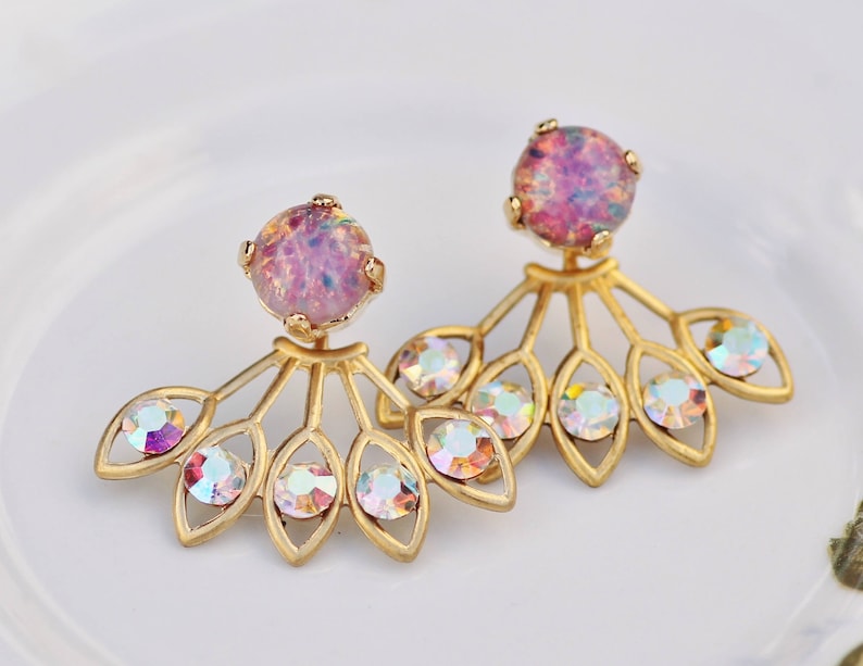 GORGEOUS Vintage Pink Fire Opal Earring Jacket,Pink Rainbow Opal /& Crystal AB Rhinestone Earring,Stud Post,Ear Jacket,Harelquin Opal,Unique