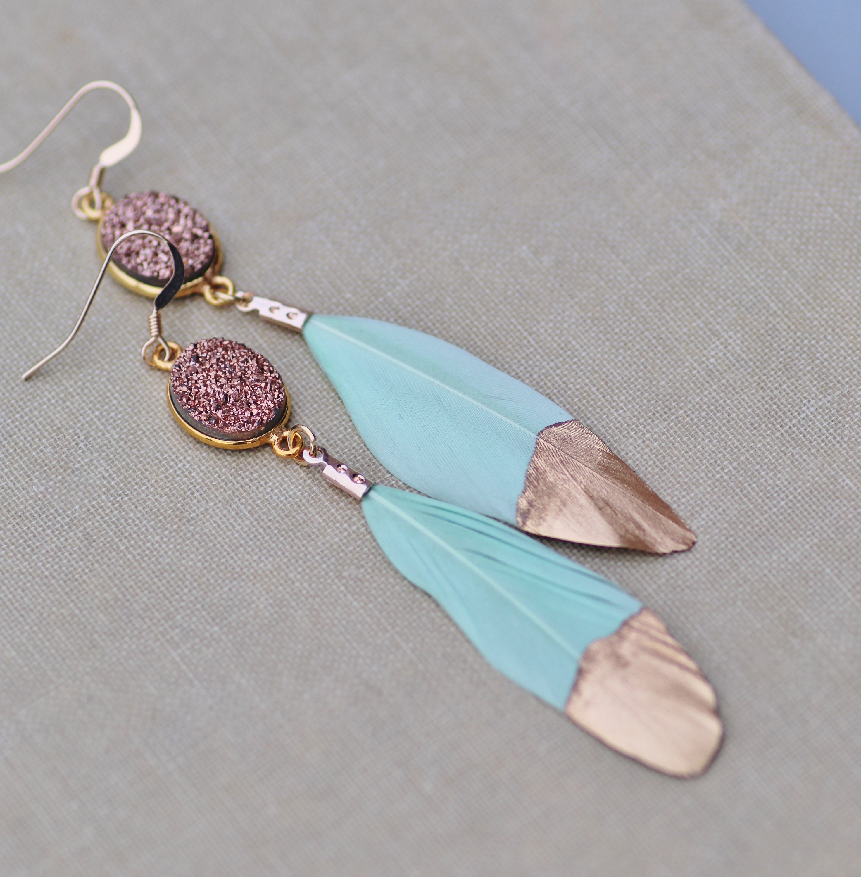 Rose Gold Druzy Feather EarringsMint Green & Rose Gold Dangle | Etsy