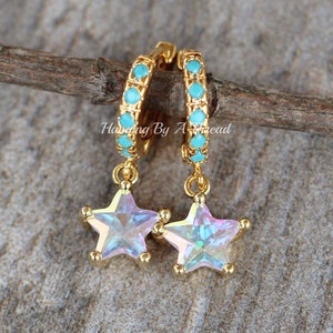 NEW Crystal AB Turquoise Star Earrings,Small Gold Huggie Hoops,Clicker Hoops,Turquoise Aqua Blue,Gold Hoop Earrings,Dainty,Aurora Borealis