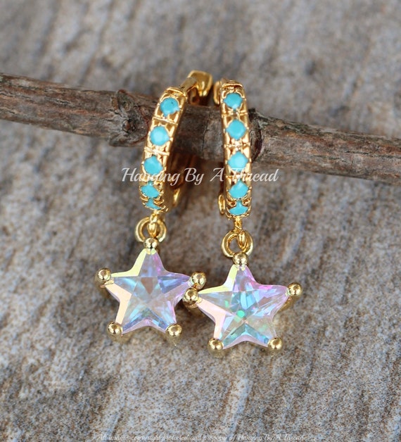 NEW Crystal AB Turquoise Star Earrings,small Gold Huggie Hoops