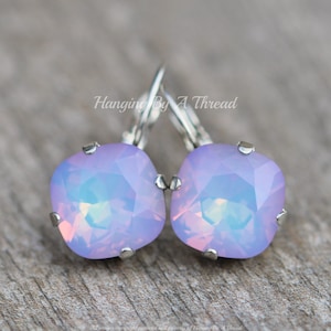 Pendientes de ópalo blanco Vitrail Light Cushion, edición limitada, cierre de palanca cuadrado redondeado de 12 mm, colgante de cojín cuadrado, color pastel lila lavanda, regalo