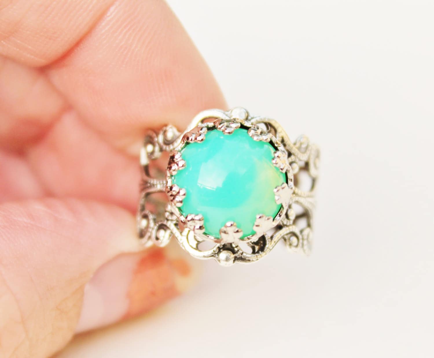 Vintage Green Opal Ringminty Green Glass Opalsilver Filigree - Etsy