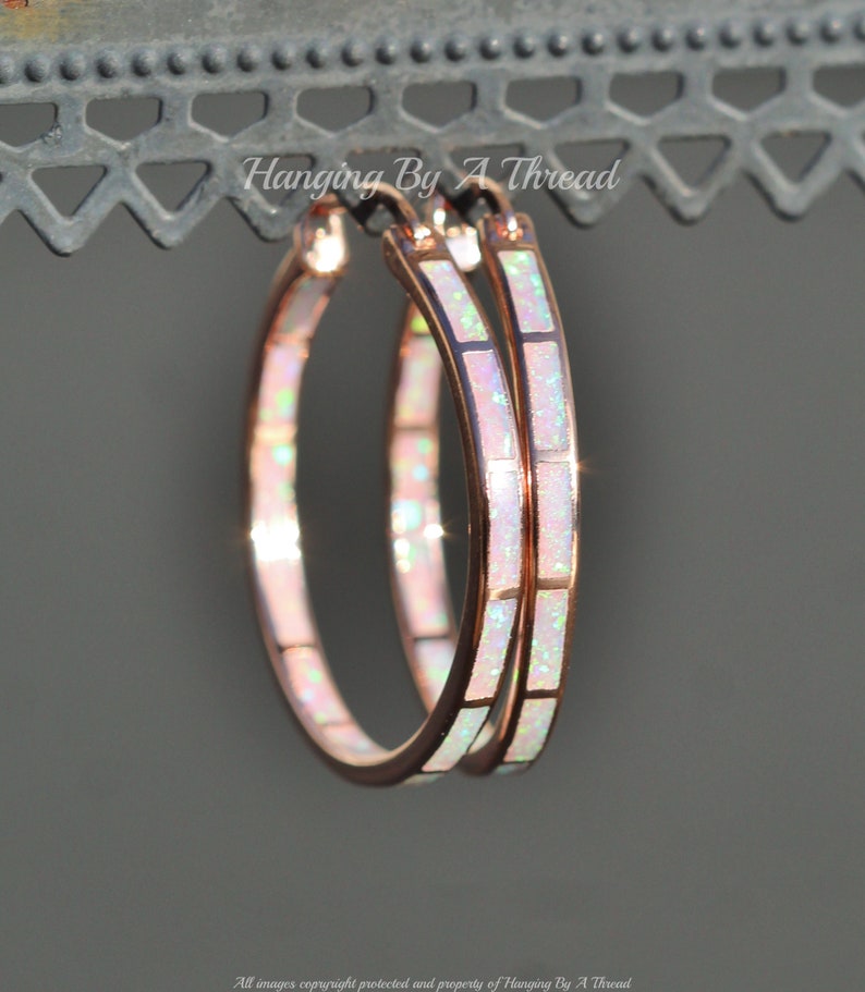 LARGE Pink Opal Rose Gold Hoop Earrings,Lab Created Opal Endless Hoop,Rose Gold Big Hoop Earrings,Lab Created Opal,Pink Rainbow,Rose Hoop image 8