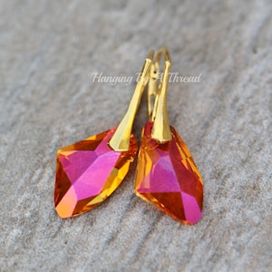 NEW Astral Pink Galactic Crystal Drop Earrings,Orange Pink Shimmer Crystal Drop,Gold Vermeil Leverback,Swarovski Pendant,Rhinestone,Bright