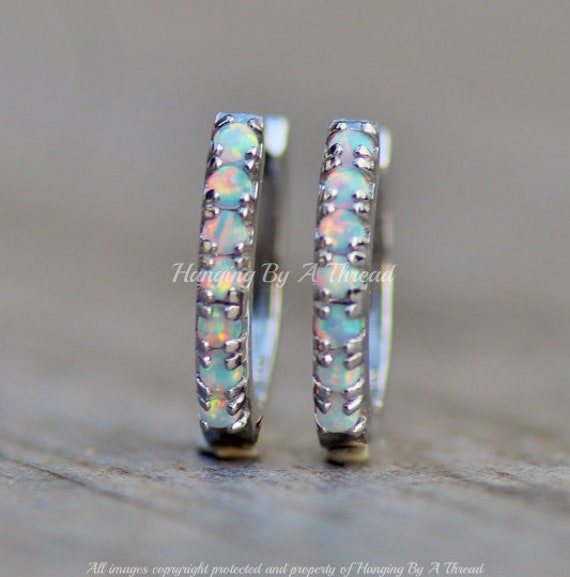 GOLD or SILVER White Opal Hoop Earrings,Small Oval Huggie Hoop,Sterling Silver Opal Hoop Earring,Lab Created,October Birthstone,Gift,Rainbow