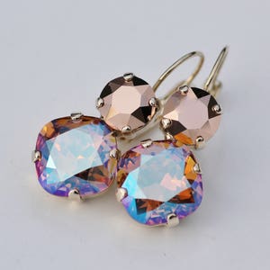 LAST 1s Light Colordao Topaz Shimmer Rose Gold Earring,Mixed Crystal Cluster Drop,Cushion Lever Back Jewel,Rose Gold Earring,Topaz,Champagne image 7