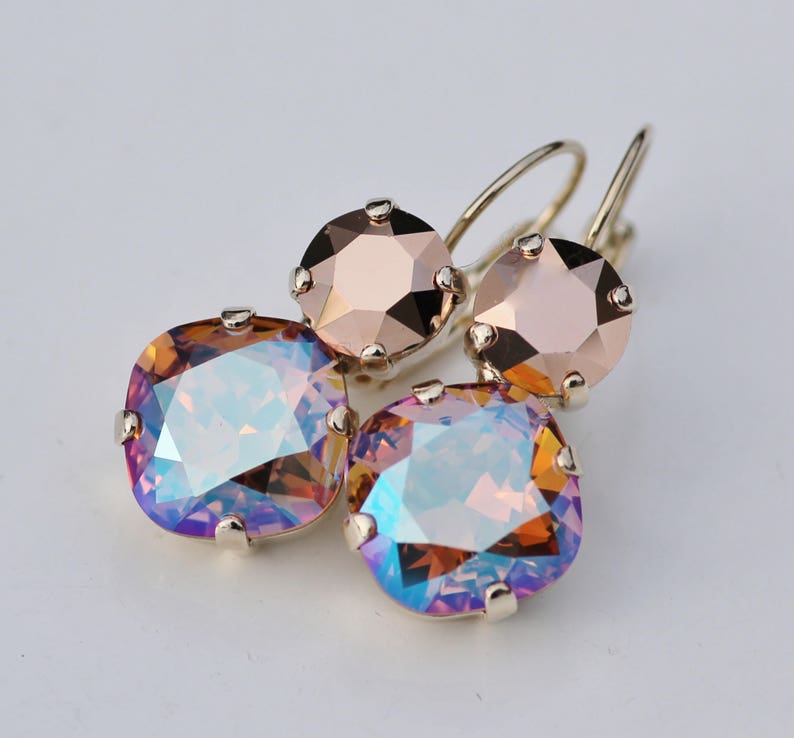 LAST 1s Light Colordao Topaz Shimmer Rose Gold Earring,Mixed Crystal Cluster Drop,Cushion Lever Back Jewel,Rose Gold Earring,Topaz,Champagne image 7
