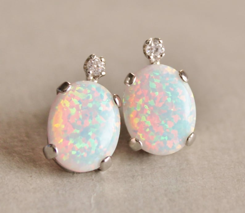 Australian Opal Gemstone Earrings,Diamond Accent Lab Created Opal Earrings,Sterling Silver Post Earrings,Fire Opal,White Opal,Birthstone image 2