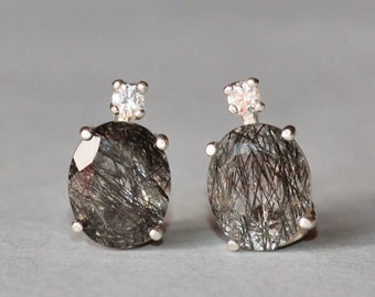 PREMIUM Tourmalated Quartz Gemstone Earring,Sterling Silver Stud,Black Tourmalinated Quartz CZ Post,Silver,Black Gemstone,Oval Gemstone,Gift