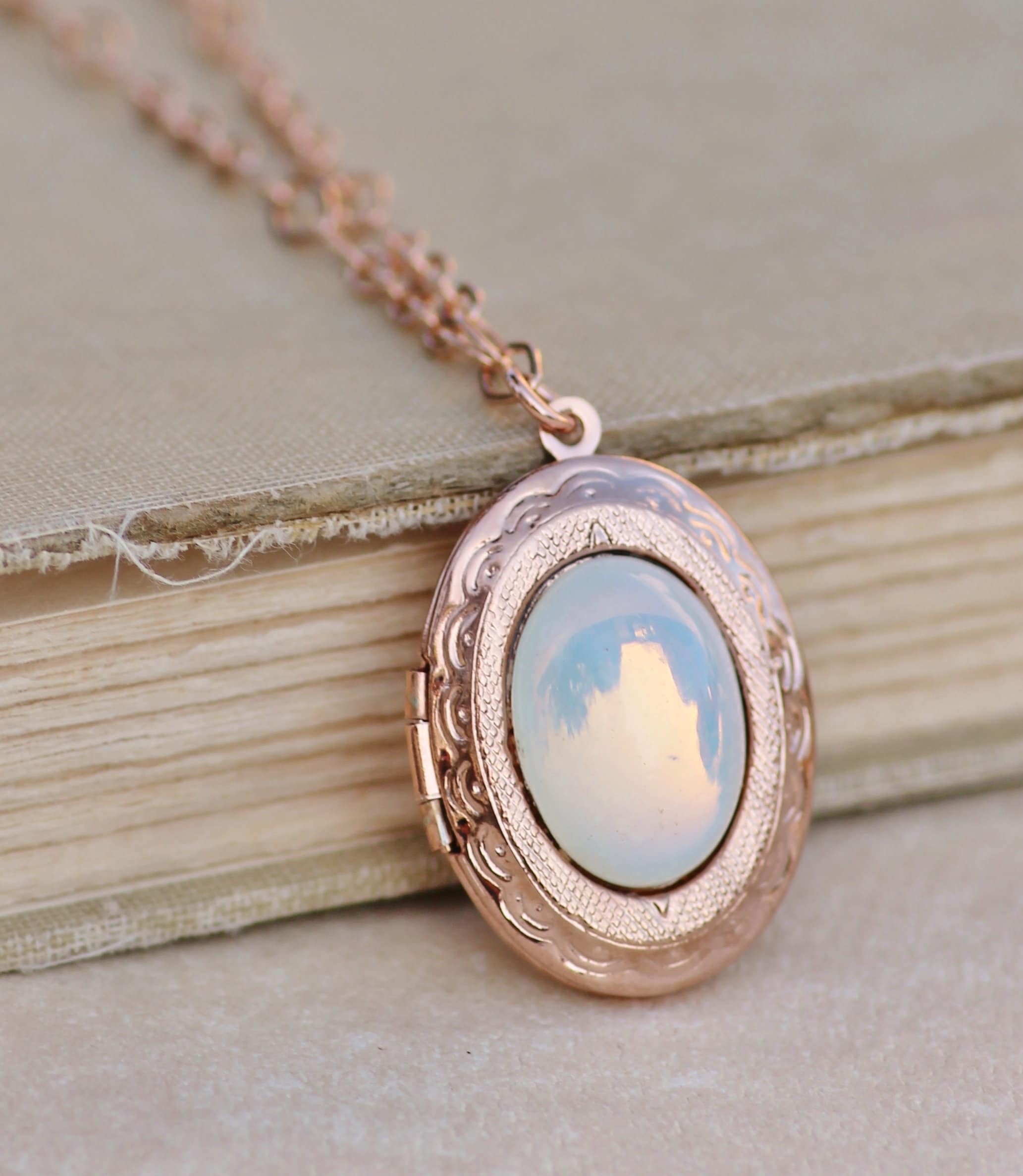Rose Gold & White Opal Locket NecklaceJeweled Long Etsy