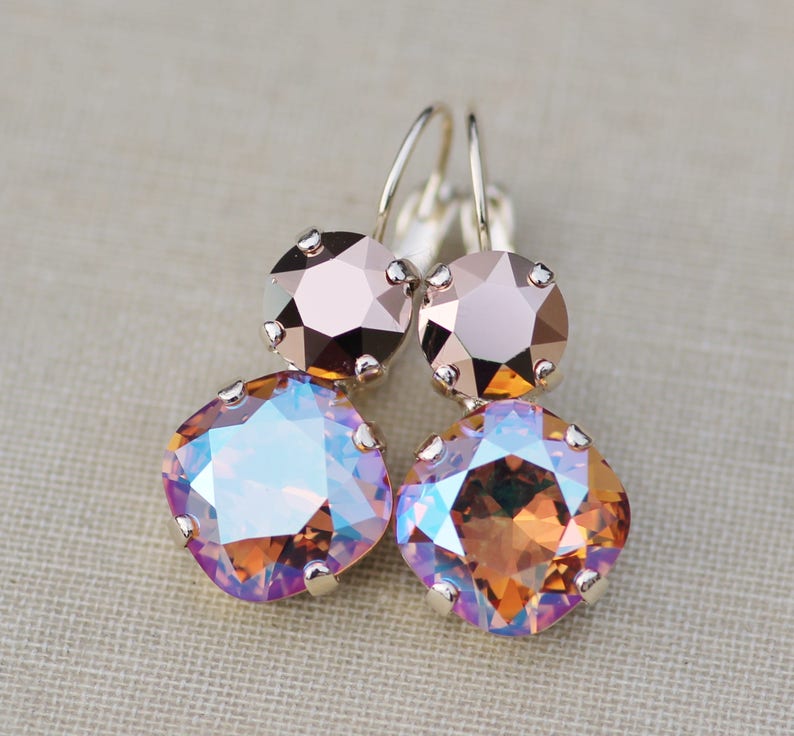 LAST 1s Light Colordao Topaz Shimmer Rose Gold Earring,Mixed Crystal Cluster Drop,Cushion Lever Back Jewel,Rose Gold Earring,Topaz,Champagne image 1