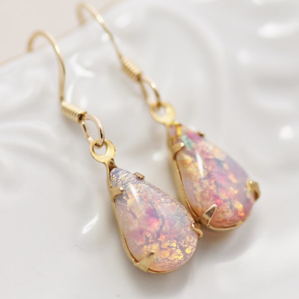 Vintage Fire Opal Earrings, Petite Vintage Glass Harlequin Opal Earrings, Teardrop. Gold Filled, Birthstone, Shabby Chic