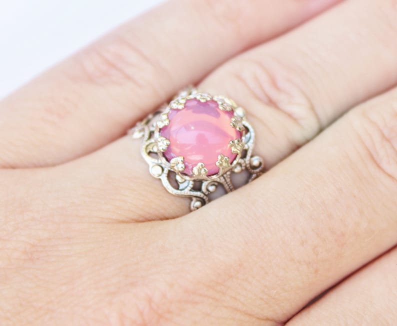 Vintage Pink Opal Ring,Pink Glass Opal,Adjustable Silver Filigree Ring,Antique,Victorian,Shabby Chic,Opal Jewelry,Birthstone,Keepsake image 3