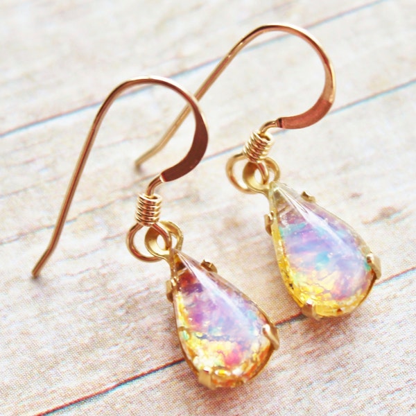 Vintage Petite Glass Opal Earrings - 14K Gold Filled - Vintage Cherry Brand Fire Opal, Birthstone Jewlery