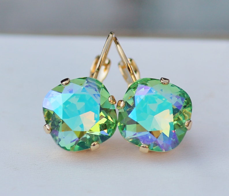 LIMITED Peridot Glacier Blue Cushion Earring,Swarovski Crystal Rhinestone Earring,Rounded Square,Gold Drop Earring,Bridal Bride,Gift image 7