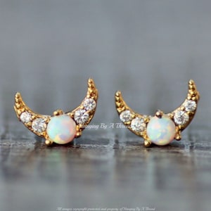 NEW Tiny Gold Crescent Moon Stud,White Opal Moon Earrings,Pave Paved Gold Moon,Stud Post Earring,Crystal,Minimalist,Gift,Tiny,Petite,Small