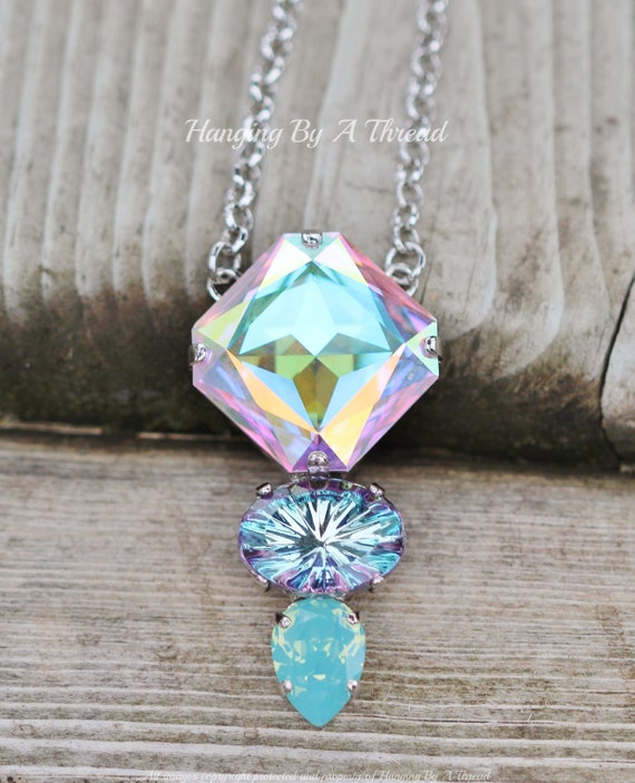 Silver Pacific Opal Cushion Cut Crystal w/Frame Necklace Silver Pacific Opal Cushion Cut Crystal w/Frame Necklace