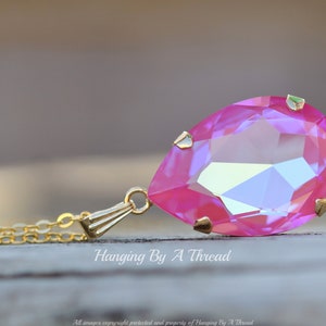 NEW COLOR Lotus Pink Large Pear Pendant,Swarovski Crystal Rhinestone Necklace,Long Layering Layer Necklace,Bright Pink,Gold,Gift,Statement image 6