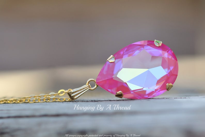 NEW COLOR Lotus Pink Large Pear Pendant,Swarovski Crystal Rhinestone Necklace,Long Layering Layer Necklace,Bright Pink,Gold,Gift,Statement image 6