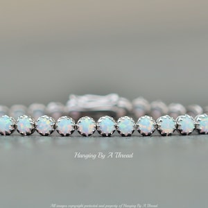 Silver White Opal Tennis Bracelet,Crown Set Lab Created Opal.October Birthstone,4mm Round,Silver Opal Jewelry,Unique Gift For Her,Layering
