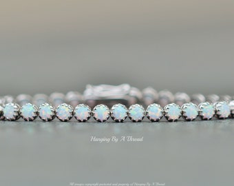 Silver White Opal Tennis Bracelet,Crown Set Lab Created Opal.October Birthstone,4mm Round,Silver Opal Jewelry,Unique Gift For Her,Layering