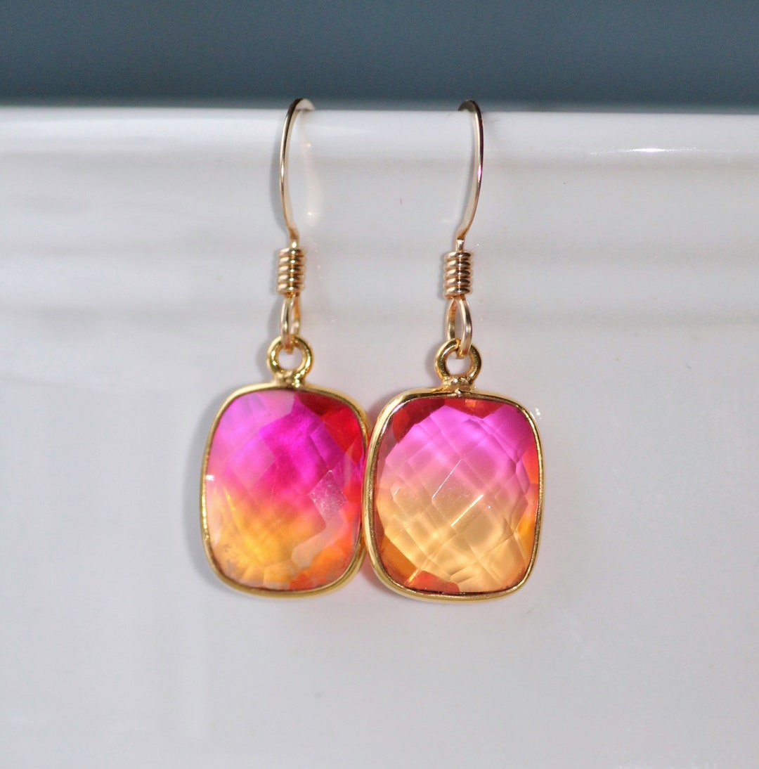 IRIDESCENT ORANGE/MAGENTA TWO STONE DROP EARRINGS