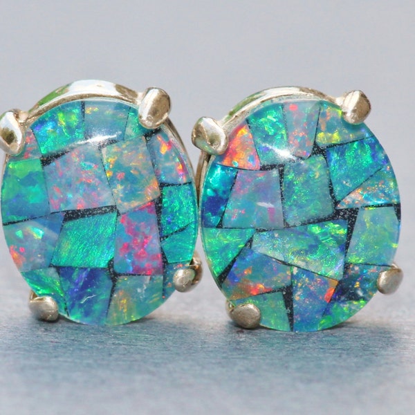 GENUINE Opal Earrings,Australian Mosaic Opal Earrings,Sterling Silver Gemstone Post,Sterling Post Earrings,Gemstone,Birthstone