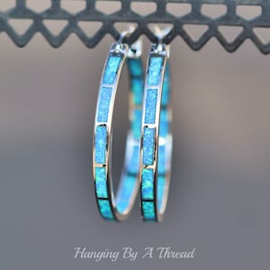 LARGE Blue Opal Silver Hoop Earrings,Lab Created Opal Endless Hoop,Silver Big Hoop Earrings,Lab Created Opal,Blue Rainbow,Silver Hoop,Gift image 7