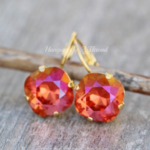 LIMITED Crystal Orange Pink Cushion Earrings,Swarovski Crystal Orange Pink Shimmer,12mm Rounded Square,Lever Back or Stud,Choose Metal