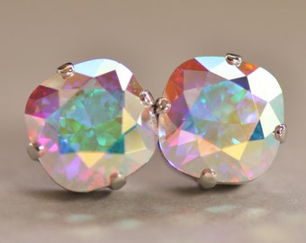 Aurora Borealis Cushion Stud Earrings,Swarovski Crystal Earrings,Crystal AB,Rounded Square Post,Light Swarovski Pastel Rainbow,Weddings