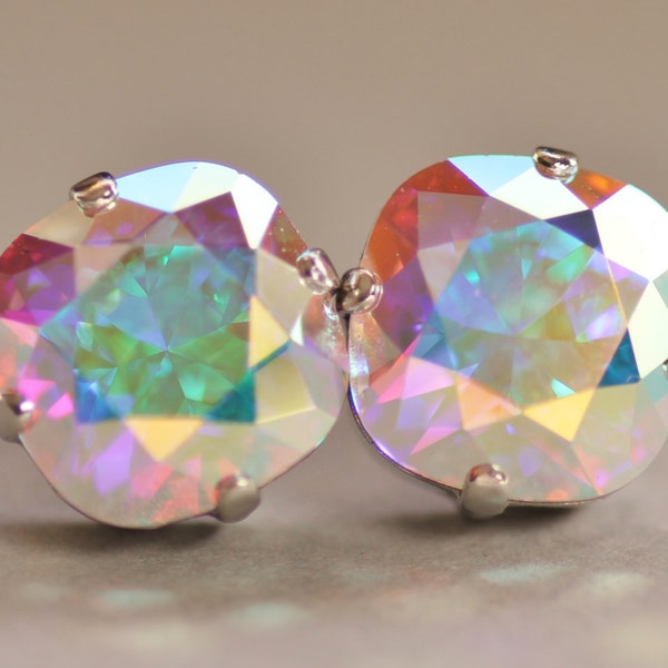 Aurora Borealis Cushion Stud Earrings,Swarovski Crystal Earrings,Crystal AB,Rounded Square Post,Light Swarovski Pastel Rainbow,Weddings