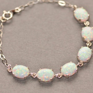 Sterling Silver Genuine Opal Bracelet,Opal Tennis Bracelet,Lab Created Opal,White Opal Bracelet,Birthstone Jewelry,Womens Opal Jewelry,Gift