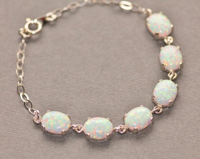 Sterling Silver Genuine Opal Bracelet,opal Tennis Bracelet,lab Created