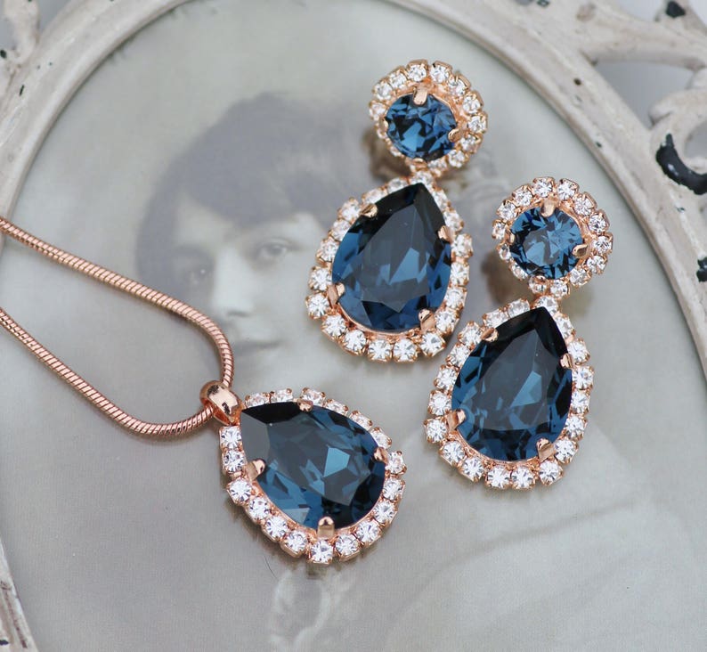 Sapphire Navy Blue ROSE GOLD Bridal Halo Set,Matching Necklace /& Earring Set,Halo Pear Teardrop,Swarovksi Crystal,Weddings,Gift Set,Womens