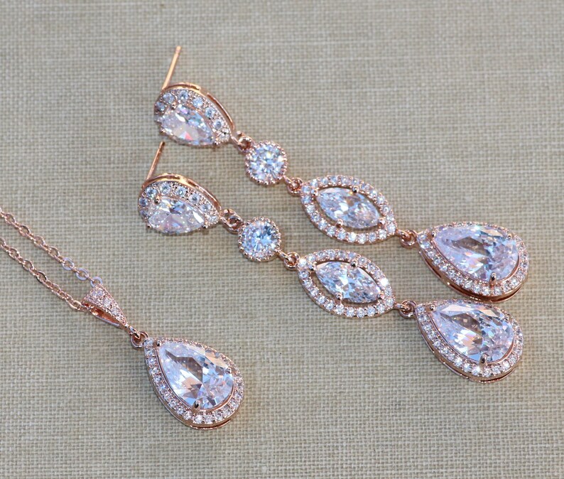 Rose Gold CZ Bridal Chandelier Earrings /& Necklace Set,Choose Pendant Size,Pear Long Drop Earring,Stud Post,Halo Rose Gold,Bridal,Wedding